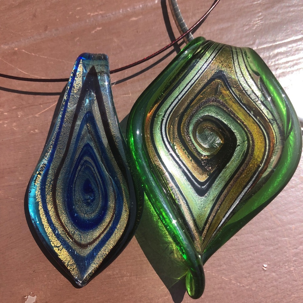 Two art glass pendants with wire chain